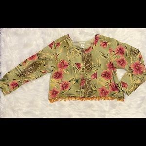 Mango Bay, vintage, button down blouse trimmed with beaded tassels.